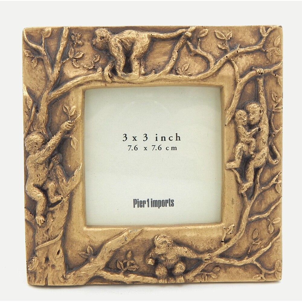 Pier One 1 Imports Brass Tone 3D Monkey Picture Frame 5x5 Free Standing Tabletop